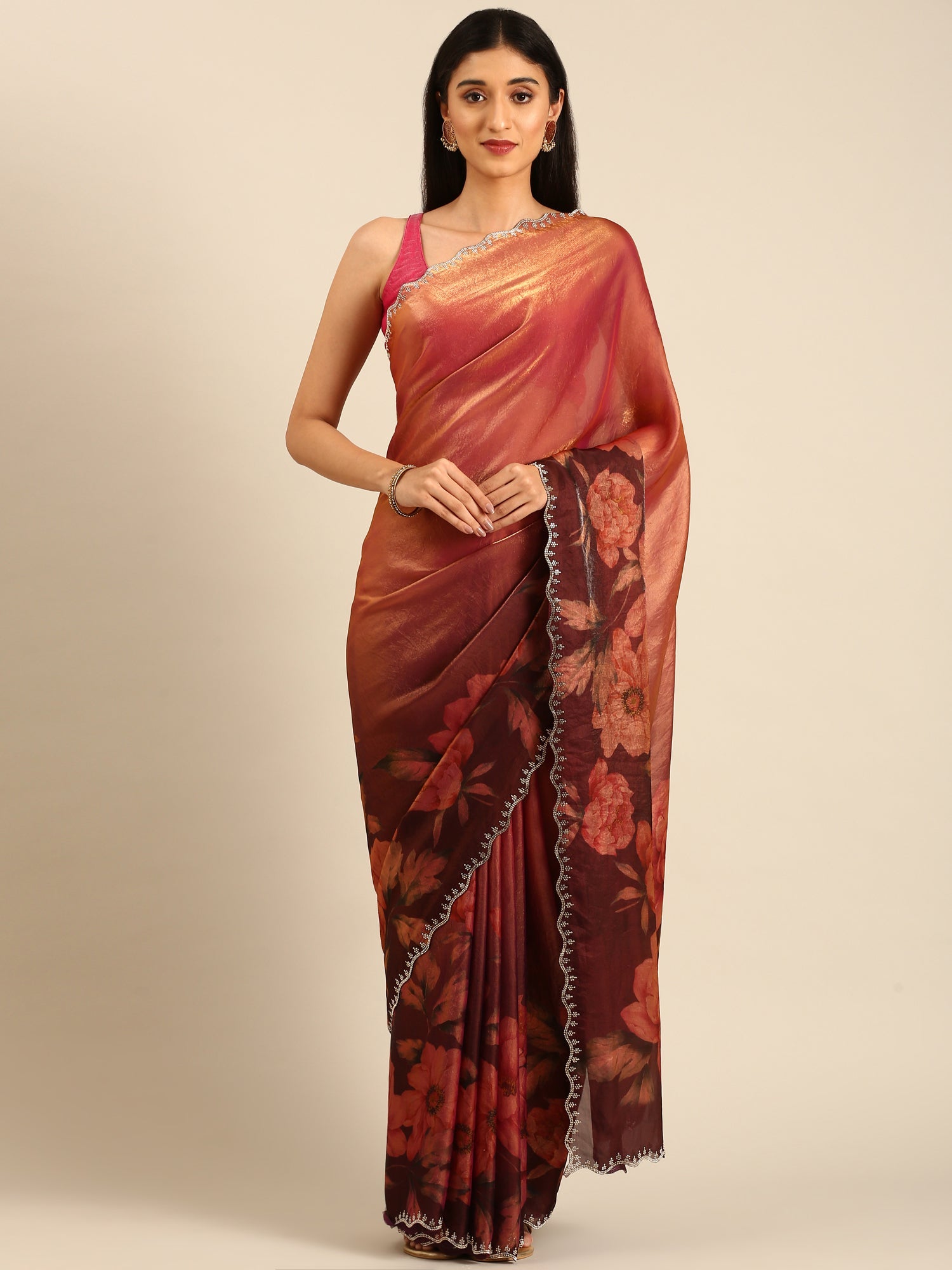 Gold & Maroon Floral Printed Jimmy Tissue Saree With Swarovski Embroidery