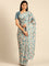 Blue floral printed satin saree with pearls & sequins embroidery with heavy ready made blouse