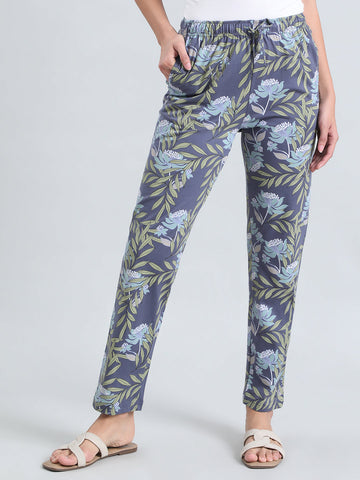Blue Cotton Knit Printed Lounge Pants