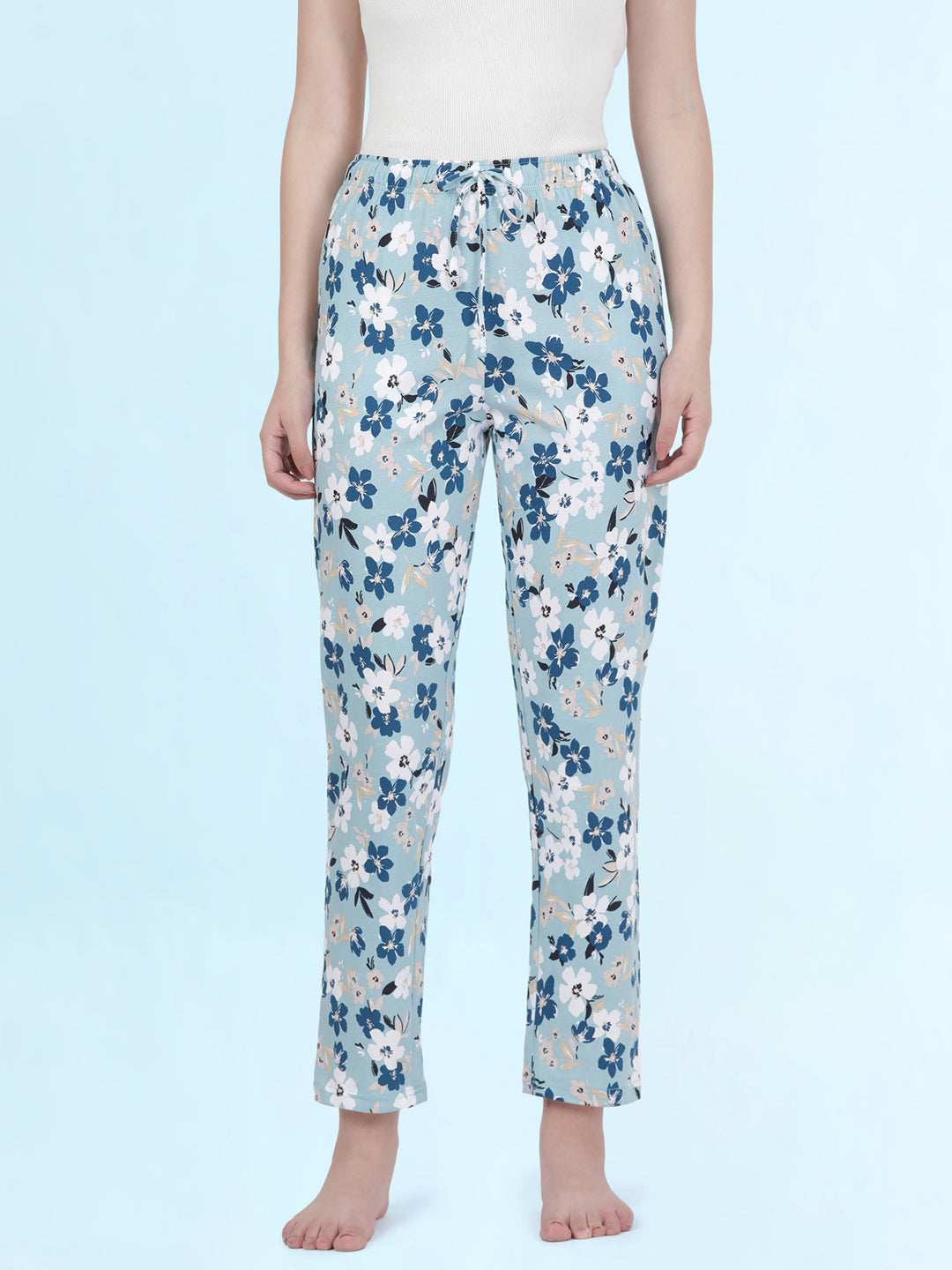 Blue Cotton Knit Printed Lounge Pants