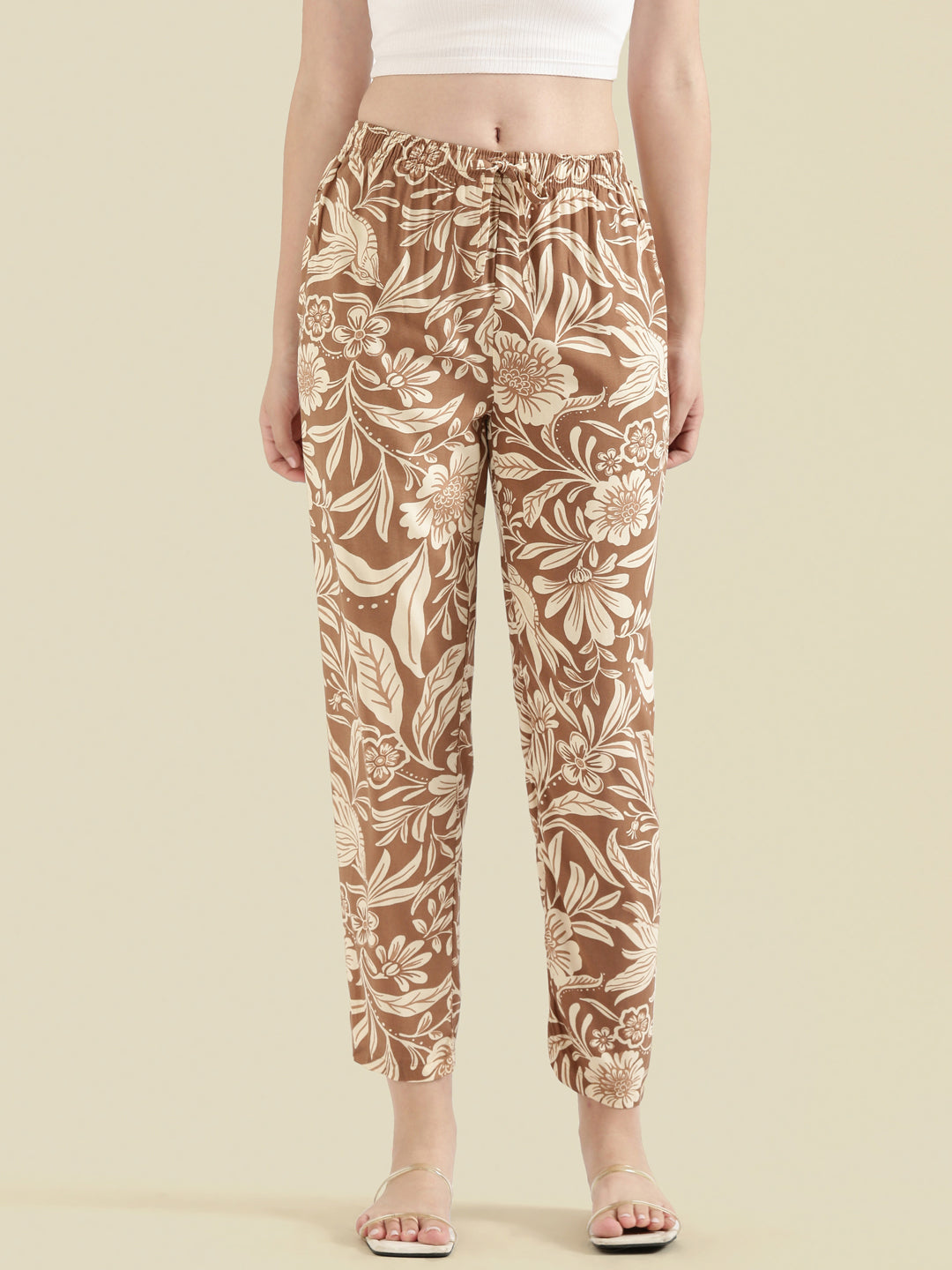 Brown Woven Viscose Printed Lounge Pants