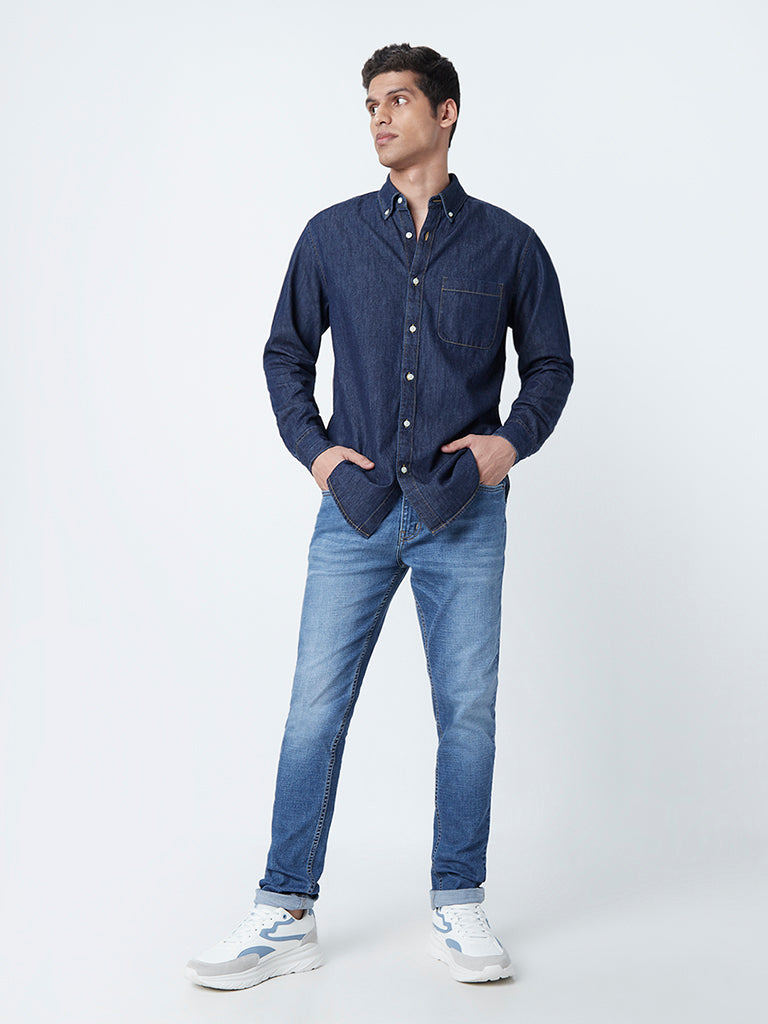 WES Casuals Dark Blue Relaxed Fit Denim Shirt