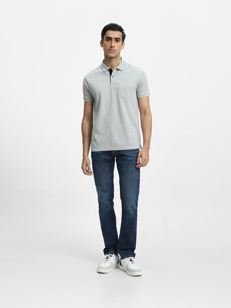 WES Casuals Grey Melange Cotton Blend Slim-Fit Polo T-Shirt