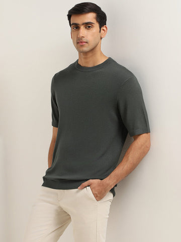 WES Formals Solid Green Relaxed Fit T-Shirt