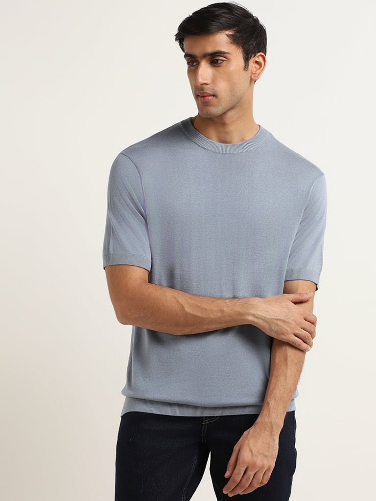 WES Formals Solid Blue Knitted Slim Fit T-Shirt