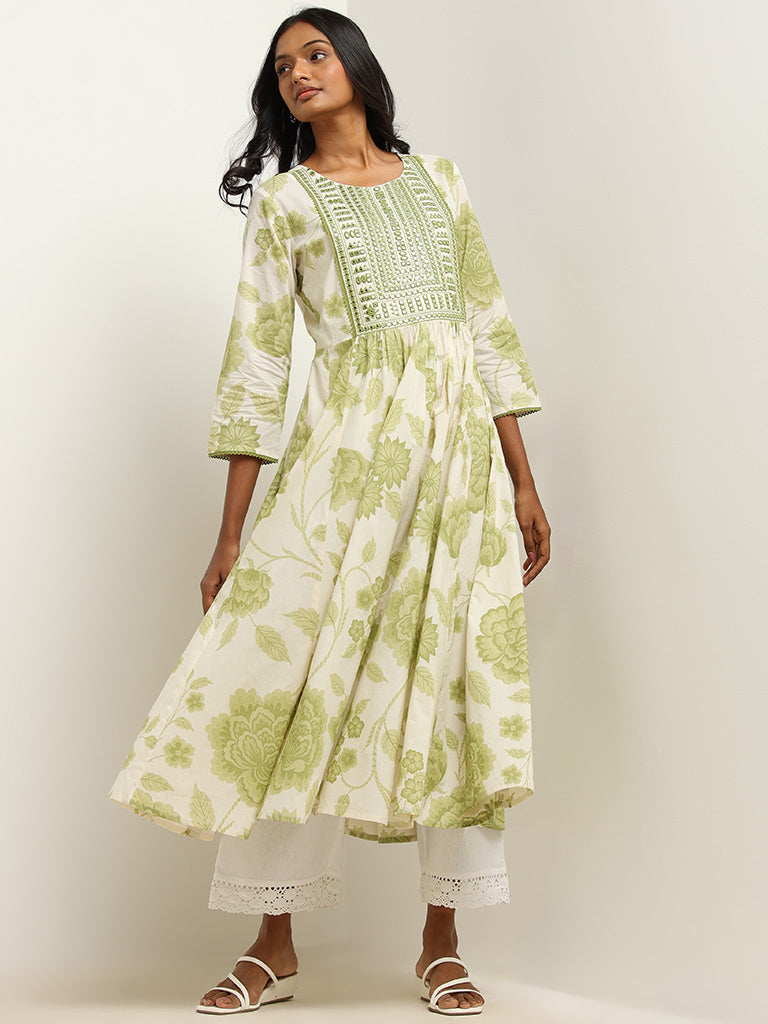 Utsa Green Mirror Embroidered Cotton Kurta