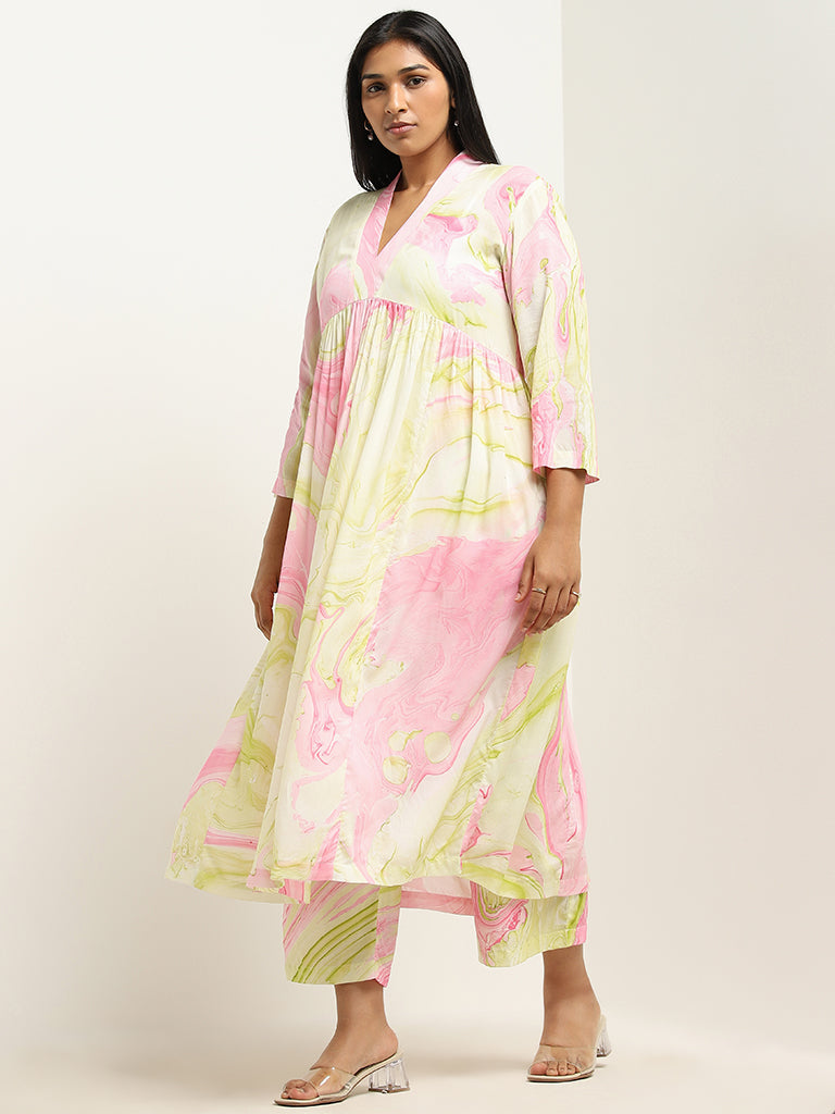 Diza Multicolour Marble Printed Fit-and-Flare Kurta