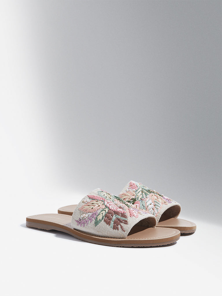 LUNA BLU Multicolour Floral Embroidered Raffia Slides