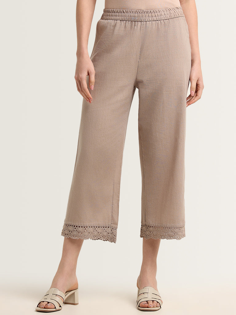 Utsa Beige Crochet-Detailed Cotton Ethnic Pants