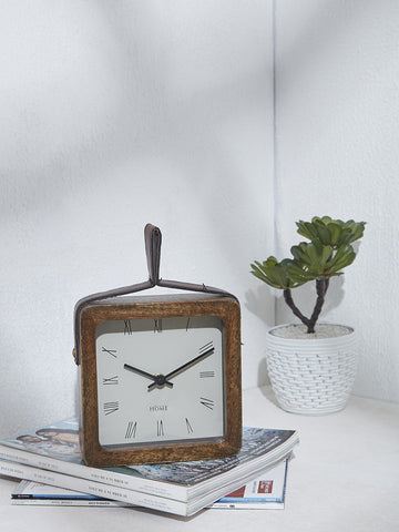 Westside Home Brown Wooden Clock with Leather Handle