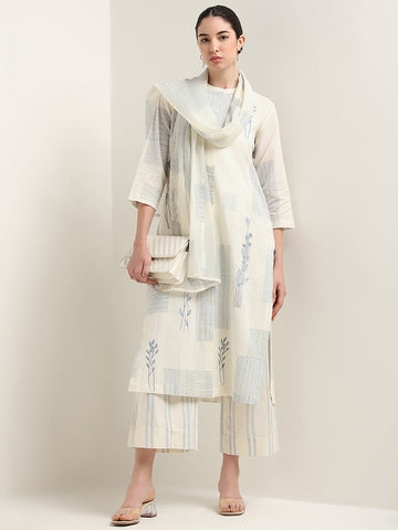 Zuba Off-White Embroidered Button-Down Blended Linen Kurta