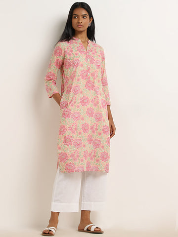 Utsa Pink Floral Printed Straight Cotton Kurta