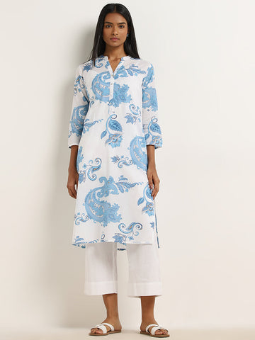 Utsa Blue Paisley Design Straight Cotton Kurta