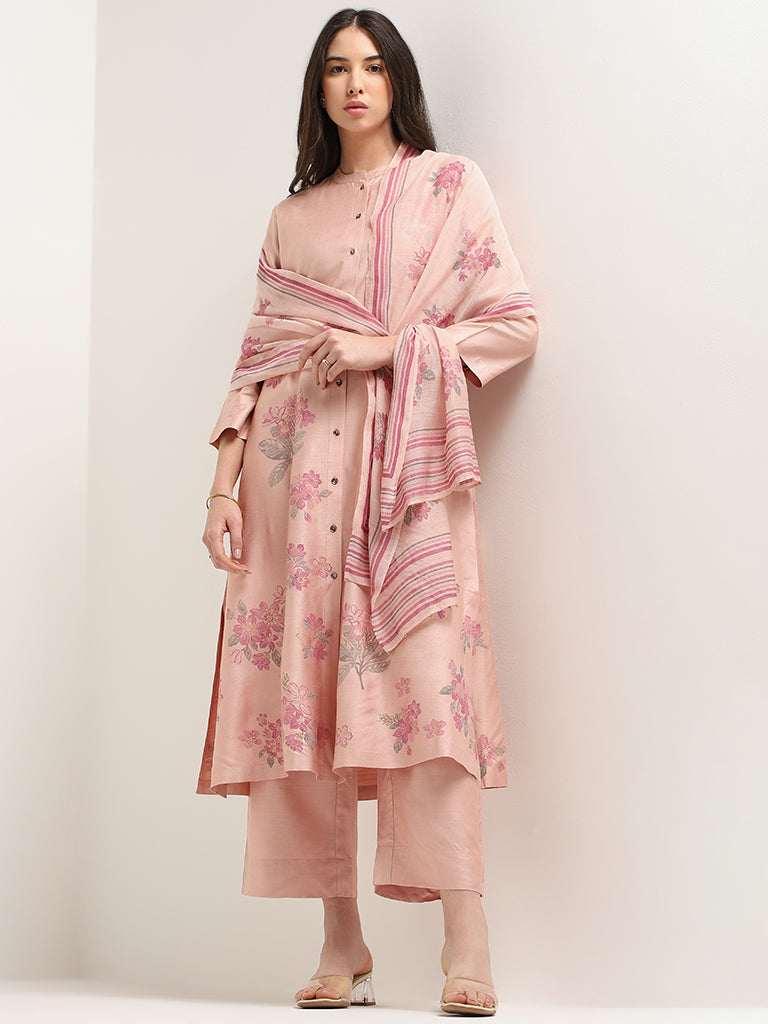 Zuba Peach Floral Print Cotton Blend A-Line Kurta