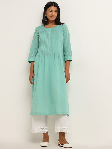 Utsa Turquoise Pintuck Design A-Line Cotton Kurta