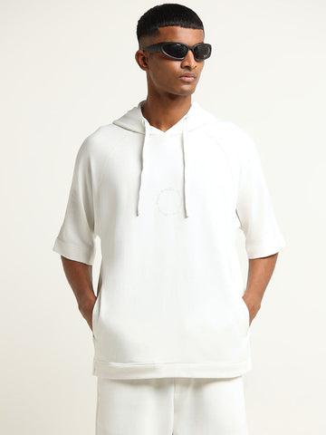 Studiofit Off-White Printed Hoodie Cotton Relaxed Fit T-Shirt