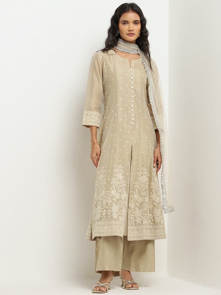 Vark Beige Embroidered A-Line Kurta, Pants and Dupatta Set