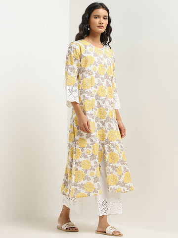 Utsa Yellow Floral Printed A-line Cotton Kurta