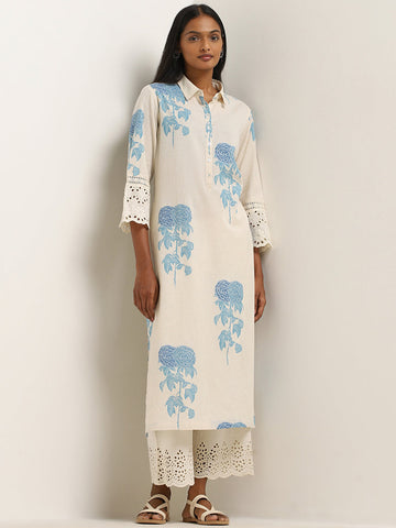 Utsa Blue Floral Print A-Line Cotton Blend Kurta