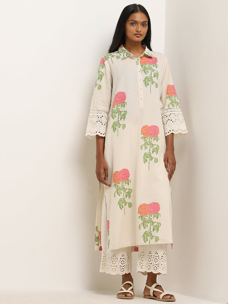 Utsa Pink Floral Pattern A-Line Cotton Blend Kurta