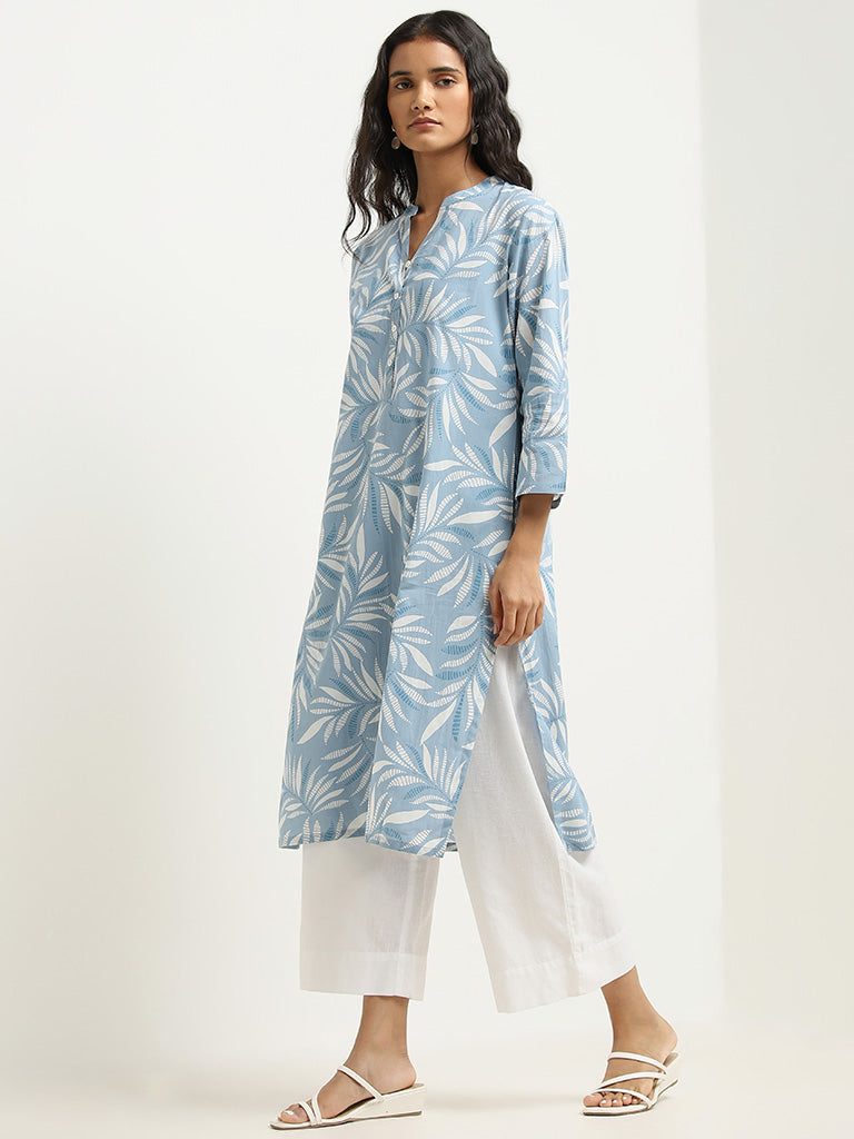 Utsa Blue Leaf Patterned Straight Kurta