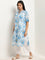 Diza Blue Floral Printed Straight Cotton Kurta