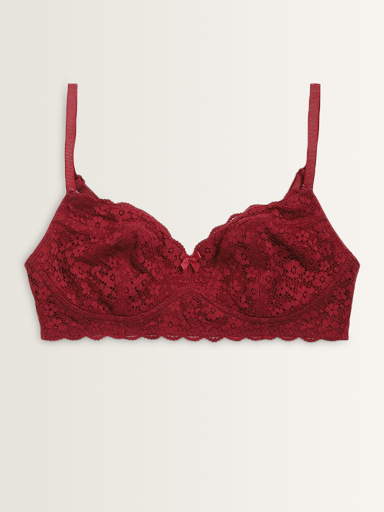 Wunderlove Maroon Lace Design Soft Bra