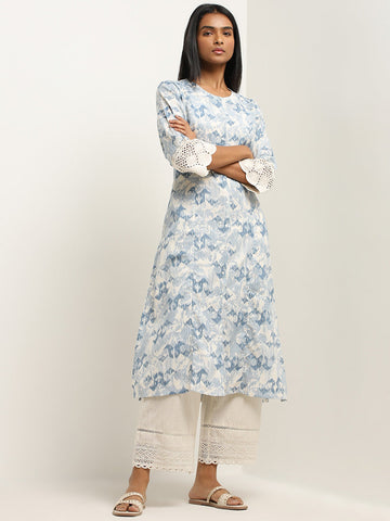 Utsa Blue Ikat Design A-Line Cotton Blend Kurta