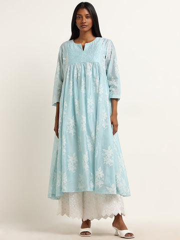 Zuba Blue Bandhani Floral Design Cotton Blend A-Line Kurta with Camisole