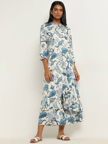 Utsa Blue Botanical Printed A-Line Kurta