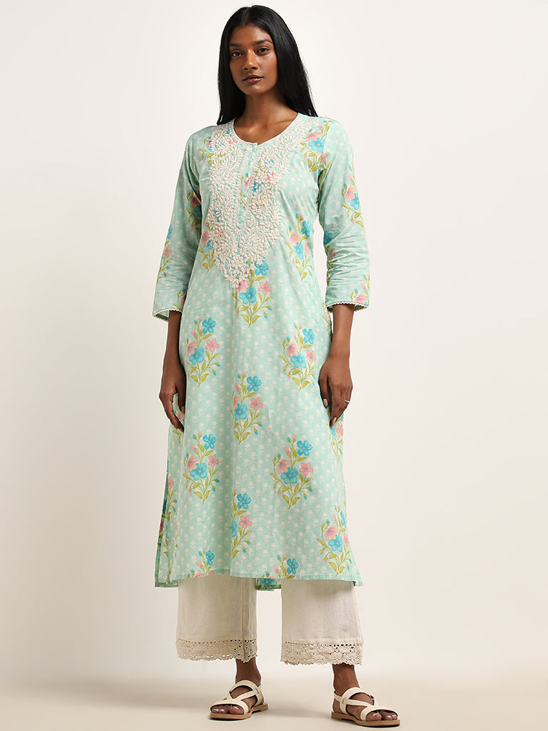 Utsa Turquoise Paisley Embroidered A-Line Cotton Kurta