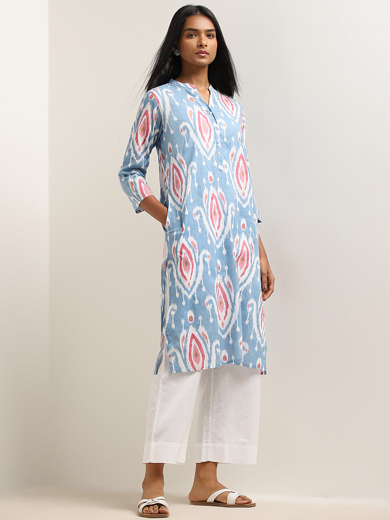 Utsa Blue Ikat Print Straight Cotton Kurta