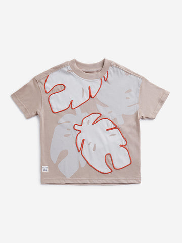 HOP Kids Taupe Leaf Embroidered T-Shirt