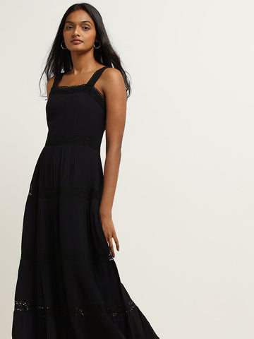 LOV Black Lace Detail Midi Dress