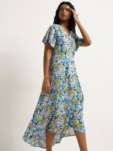 LOV Multicolour Floral Printed Cotton Asymmetric Dress