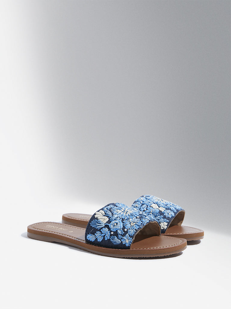 LUNA BLU Blue Floral Embroidered Slides