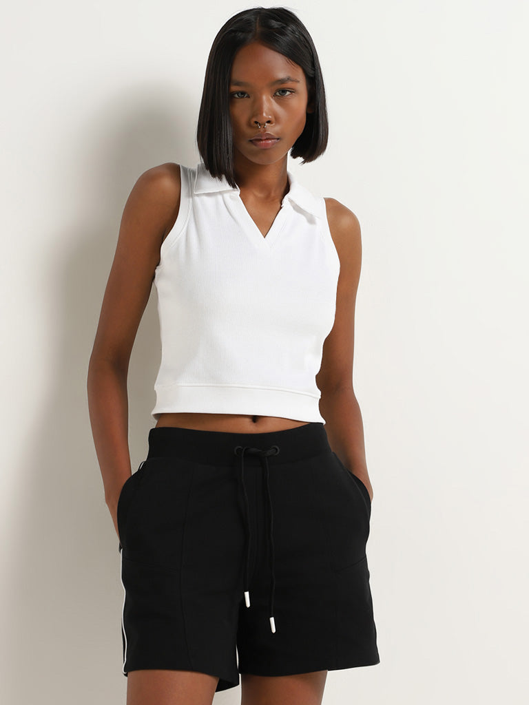 Studiofit White Collared Crop Top