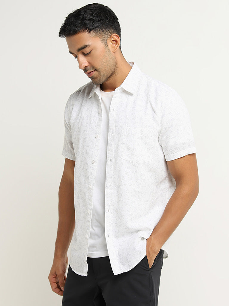 WES Casuals White Floral Blended Linen Slim Fit Shirt