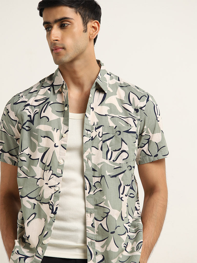 WES Casuals Sage Floral Printed Slim Fit Shirt