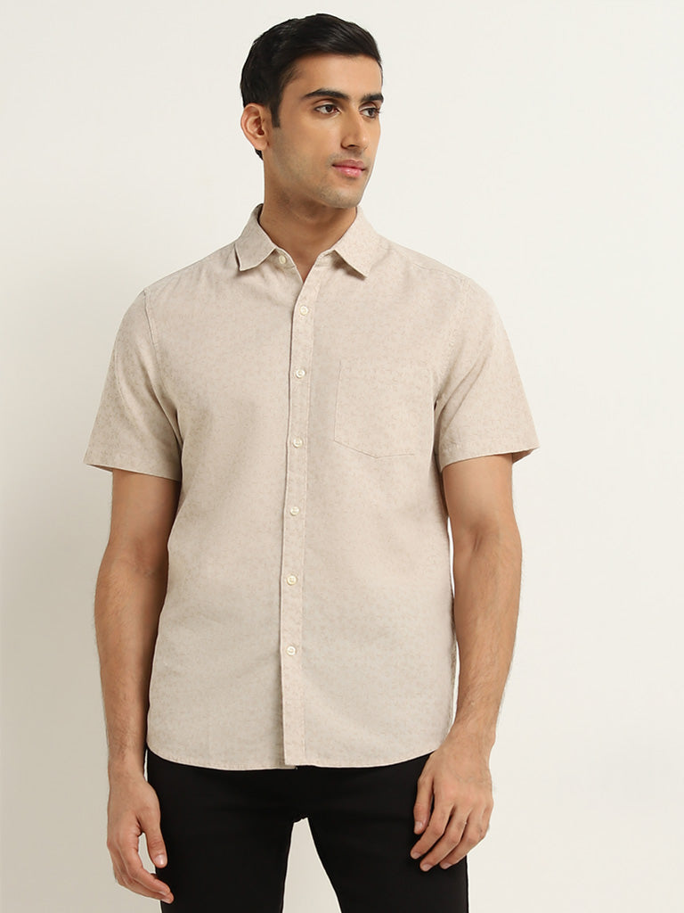 WES Casuals Beige Floral Design Slim-Fit Blended Linen Shirt