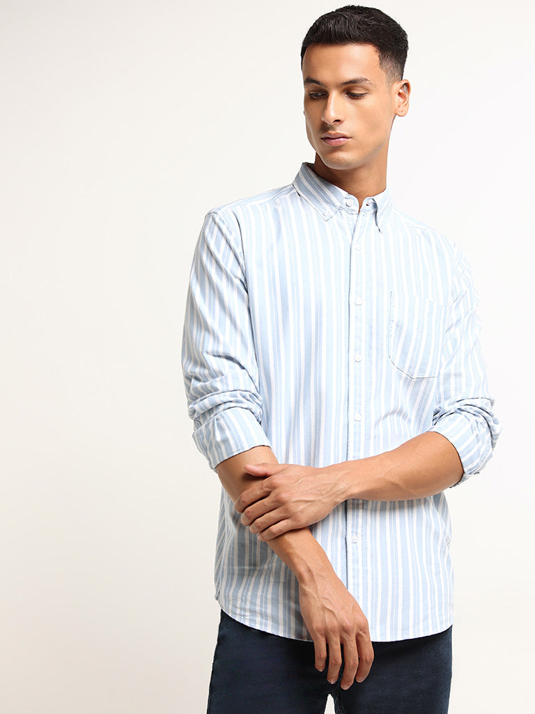 WES Casuals Blue Striped Relaxed Fit Shirt