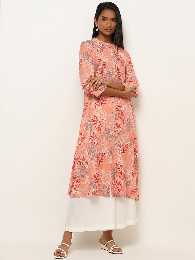 Utsa Peach Printed Button-Down Kurta