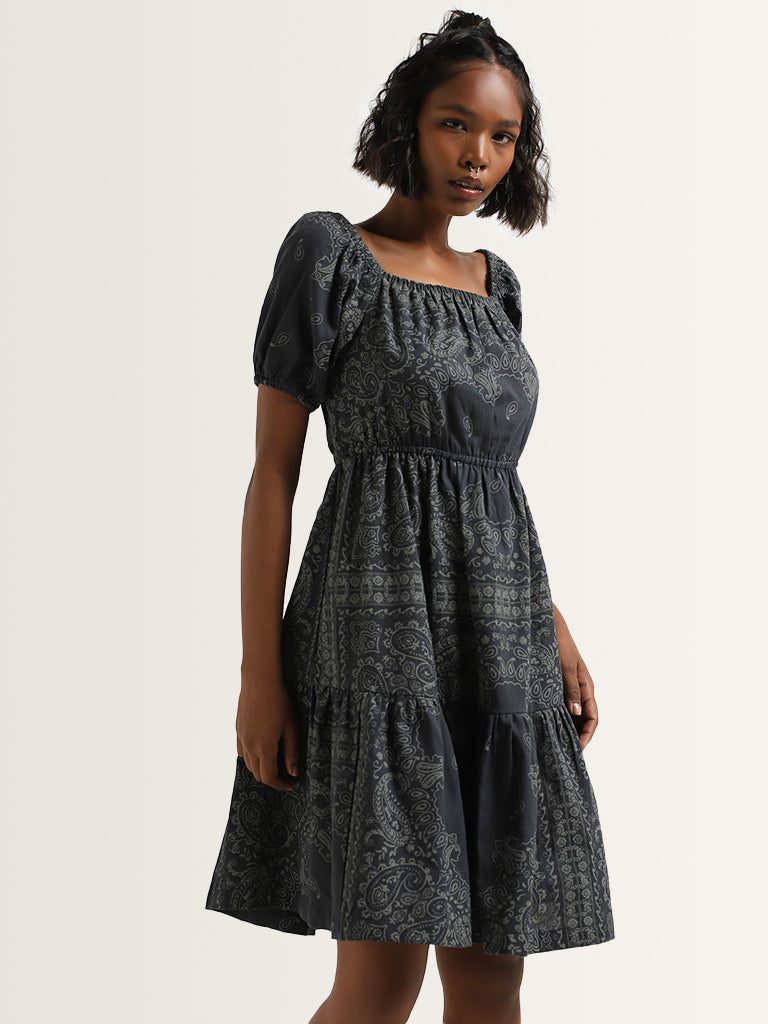 Bombay Paisley Black Paisley Print Tiered Dress