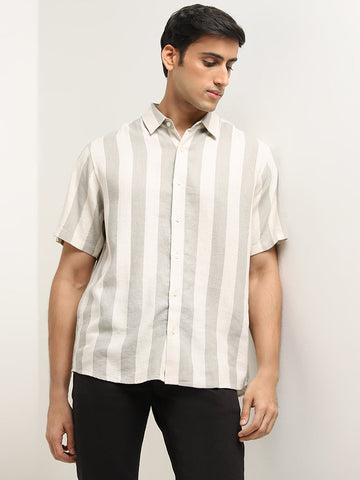 Ascot Grey Striped Blended Linen Relaxed-Fit Shirt