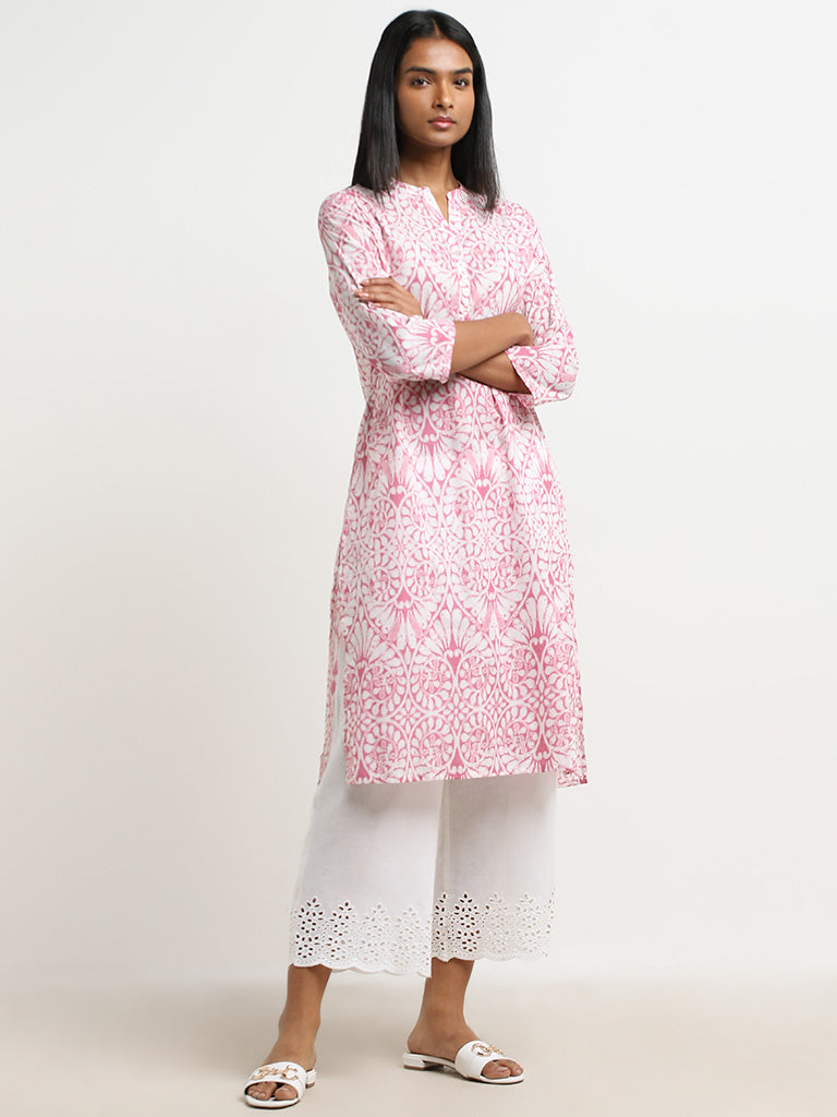 Utsa Pink Printed Straight Cotton Kurta