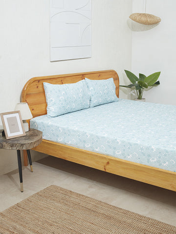 Westside Home Aqua Floral Print King Bed Flat sheet and Pillowcase Set