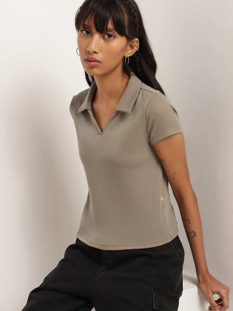 Nuon Dark Beige Ribbed Polo Neck Top