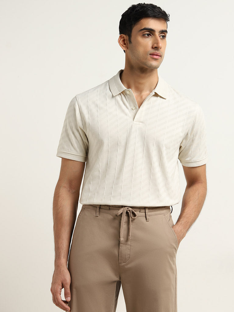 WES Casuals Light Beige Textured Slim Fit Polo T-Shirt