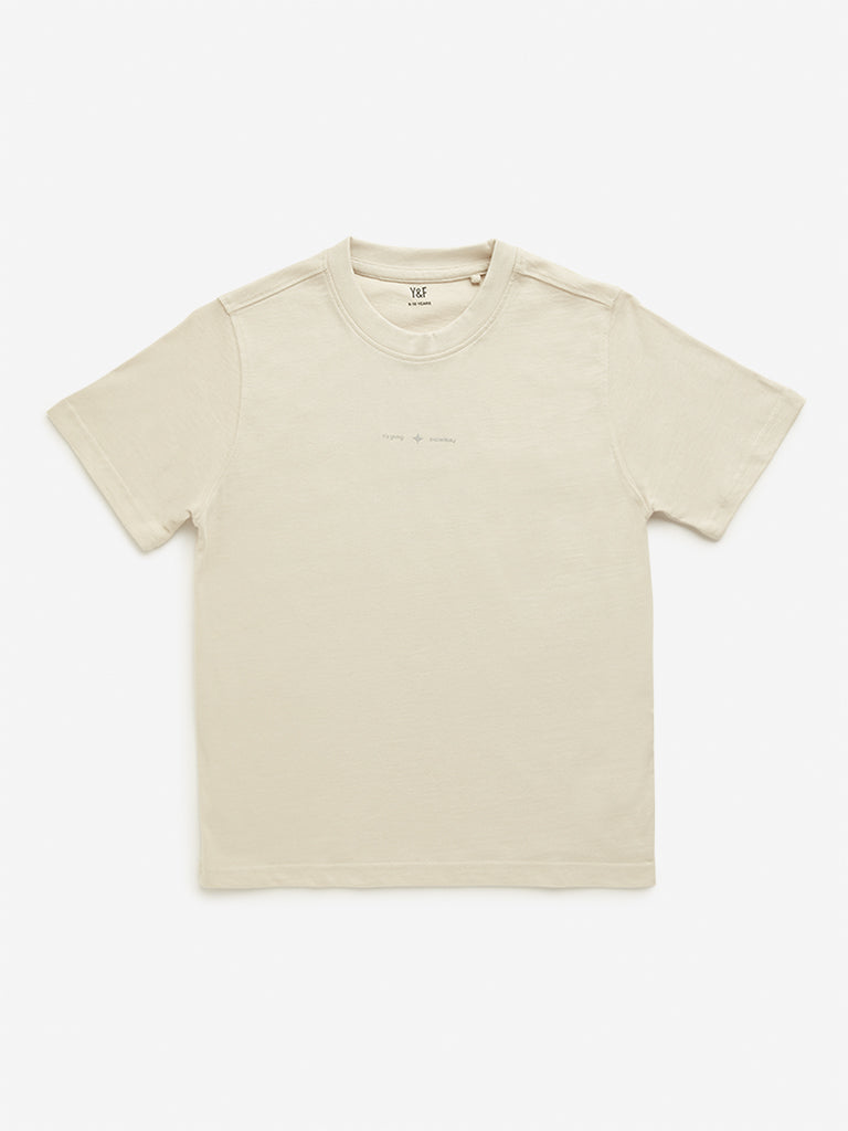 Y&F Kids Beige Text Printed T-Shirt