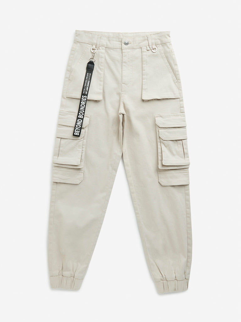 Y&F Kids Beige Cargo-Style Mid-Rise Cotton Blend Joggers